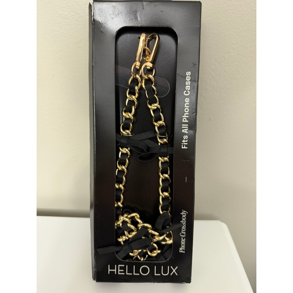 Hello Lux Phone Crossbody Strap Womens OS Black Gold Chain Bow NWT